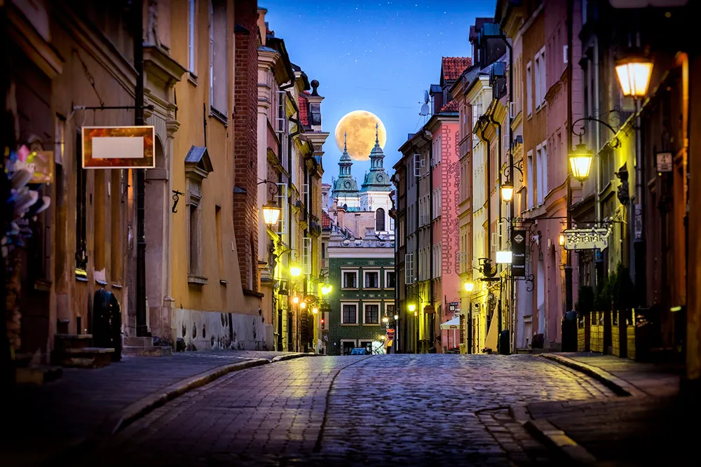 Vacations in Poland - night view of the Piwna street in Warsaw's Old Town