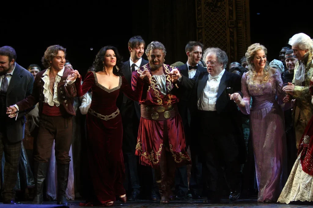 Metropolitan Anniversary Gala. Curtain call at the 125th Anniversary Gala at the Metropolitan Opera House on Sunday night, March 15, 2009. On this image, from left: Joseph Calleja, Roberto Alagna, Angela Gheorghiu, Placido Domingo, James Levine, Renee Fleming and Dmitri Hvorostovsky.