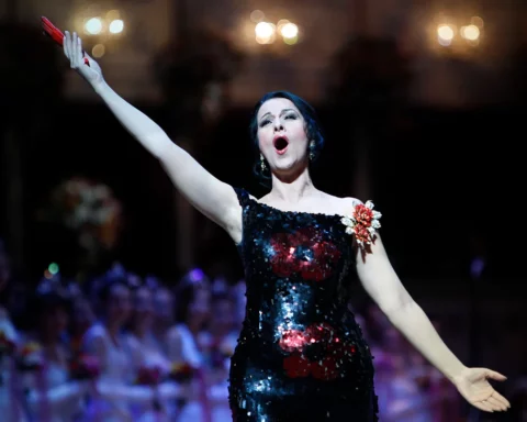 Soprano singer Angela Gheorghiu performs during the opening ceremony of the traditional Opera Ball (Opernball) in Vienna, February 16, 2012