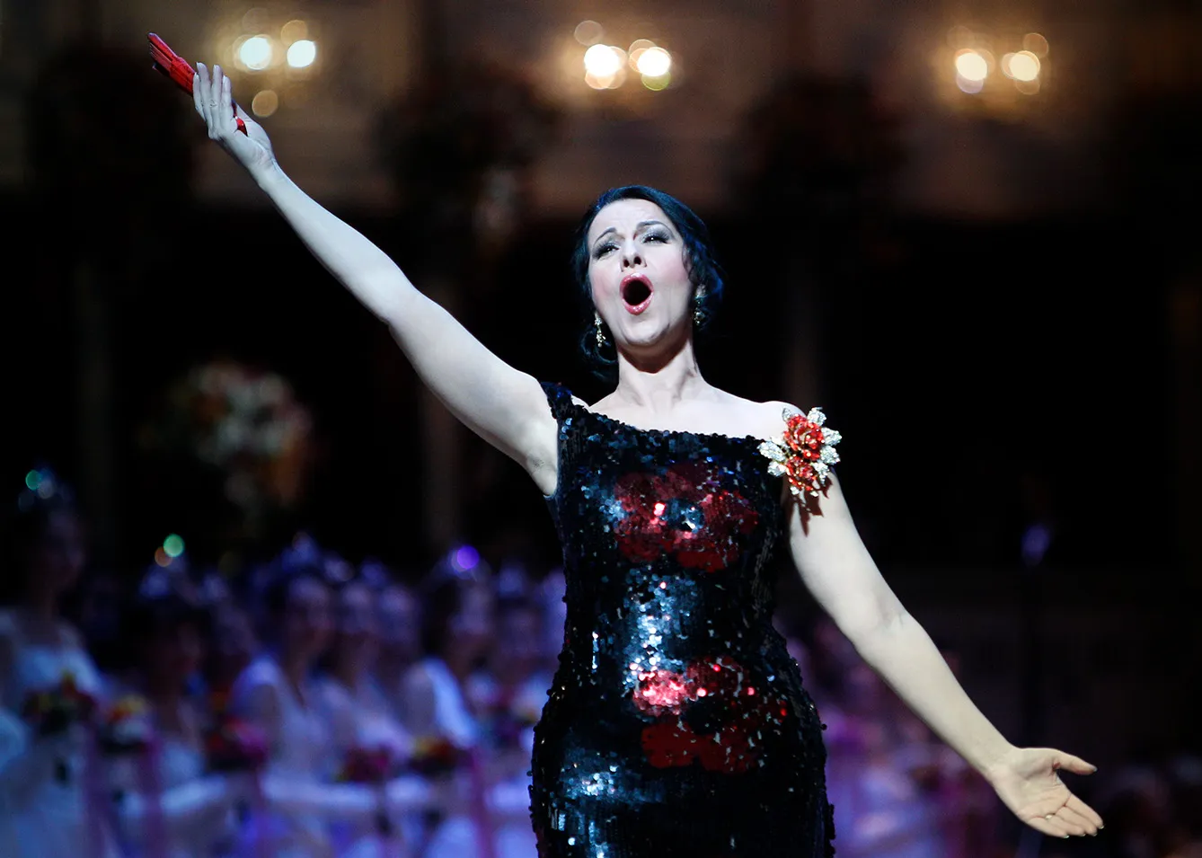 Soprano singer Angela Gheorghiu performs during the opening ceremony of the traditional Opera Ball (Opernball) in Vienna, February 16, 2012