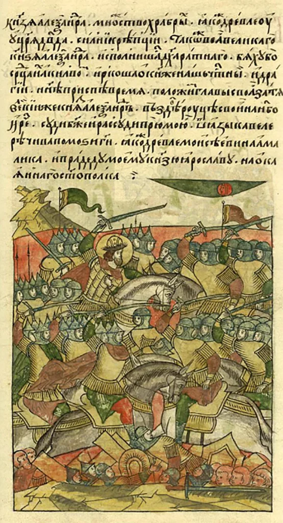 Depiction of the battle in the late 16th century illuminated manuscript Life of Alexander Nevsky. Battle on Lake Pejpus