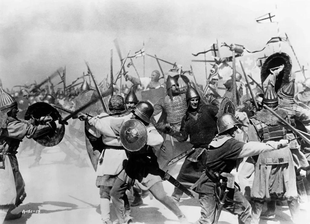 Movie still of a battle scene from "Alexander Nevsky" 1938 film by Sergei Eisenstein.