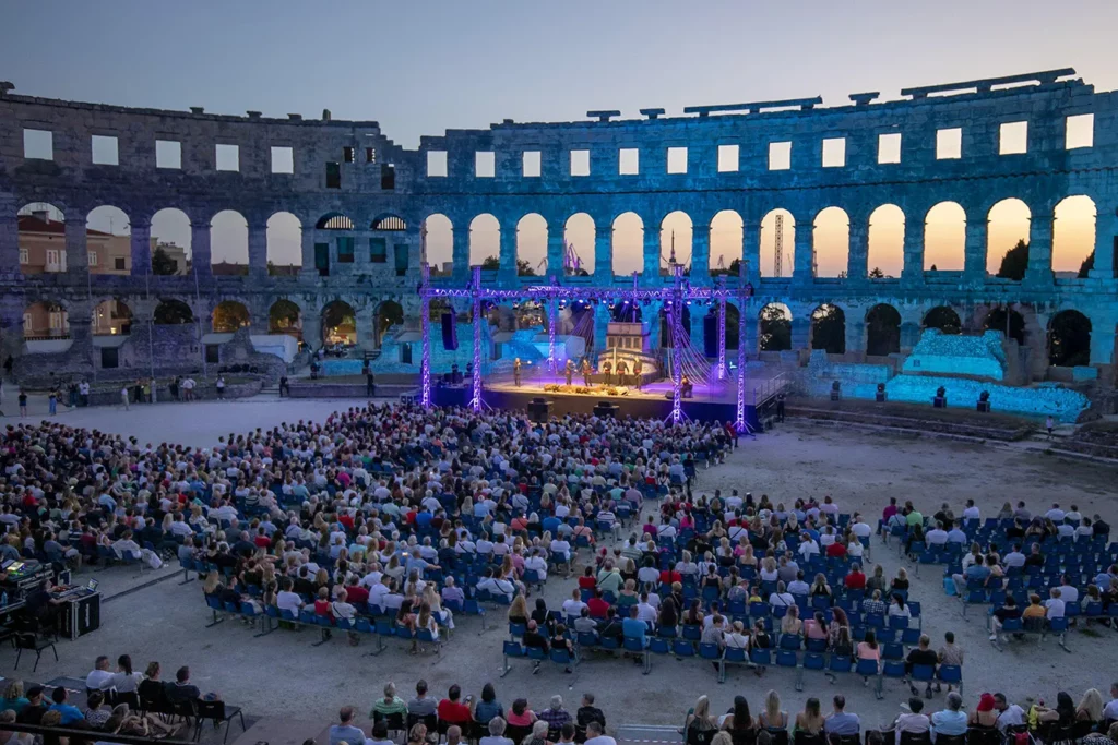 General view of Roman amphitheater during an Evening of Klapa Songs Event in Pula, Croatia on June 18, 2022. Klapa music is a form of traditional a cappella singing with origins in Dalmatia, Croatia.