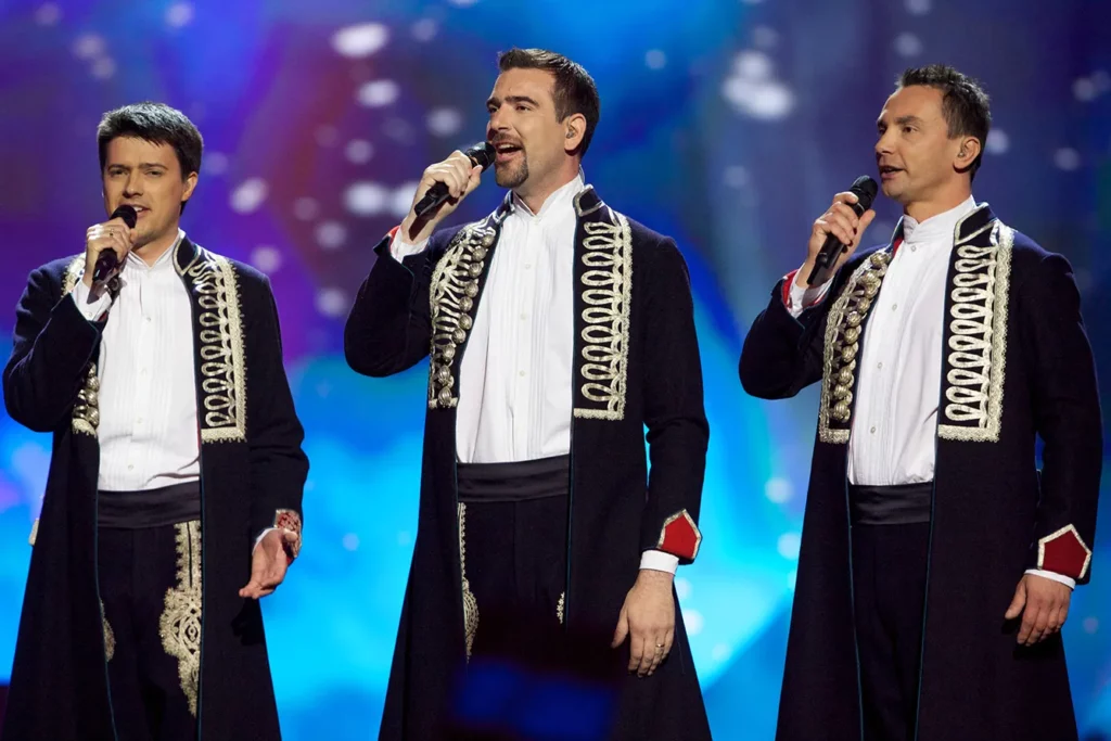 The band "Klapa s Mora" of Croatia perform on stage during the first semi final of the Eurovision Song Contest 2013 at Malmo Arena on May 14, 2013 in Malmo, Sweden.