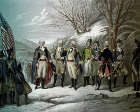 "The Heroes of the Revolution" by Frederick Girsch. Left to right: General George Washington and officers Johann De Kalb, Baron von Steuben, Kazimierz Pulaski, Tadeusz Kosciuszko, Marquis de Lafayette and John Muhlenberg, with Continental Army troops during the American Revolutionary War. Steel engraving, mid- to late 19th century.