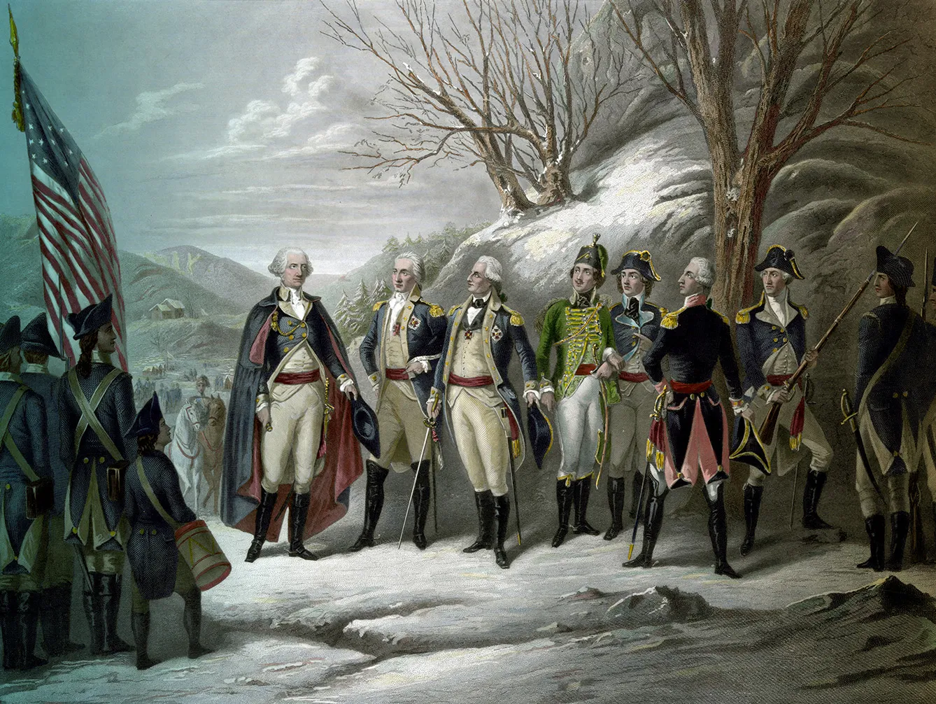 "The Heroes of the Revolution" by Frederick Girsch. Left to right: General George Washington and officers Johann De Kalb, Baron von Steuben, Kazimierz Pulaski, Tadeusz Kosciuszko, Marquis de Lafayette and John Muhlenberg, with Continental Army troops during the American Revolutionary War. Steel engraving, mid- to late 19th century.