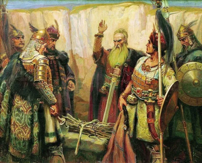 A 1926 painting by bulgarian artist Dimitar Gyudjenov showing Kubrat (in center) with his sons