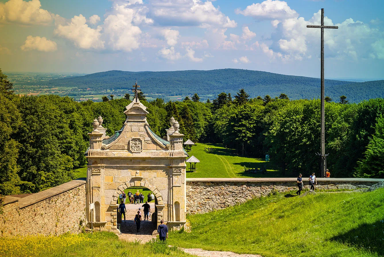 Lysa Gora, Swiety Krzyz mount hilltop with gate to medieval Benedictive Abbey and sanctuary in Swietokrzyskie Mountains near Nowa Slupia village in Poland.