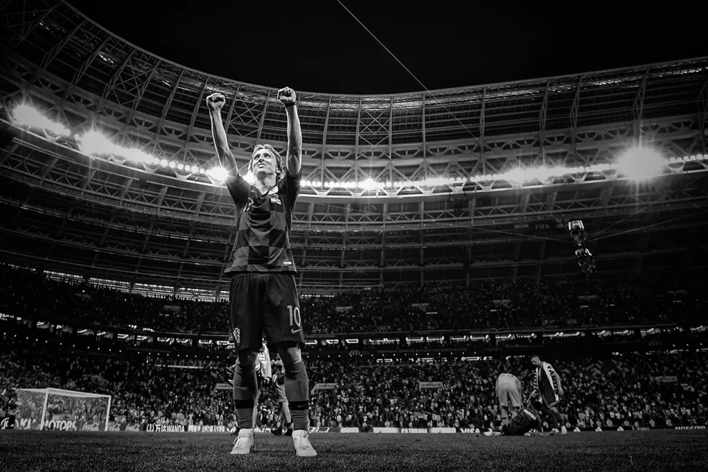 Luca Modric celebrates after the 2018 FIFA World Cup Semi Final match between England and Croatia on July 11, 2018
