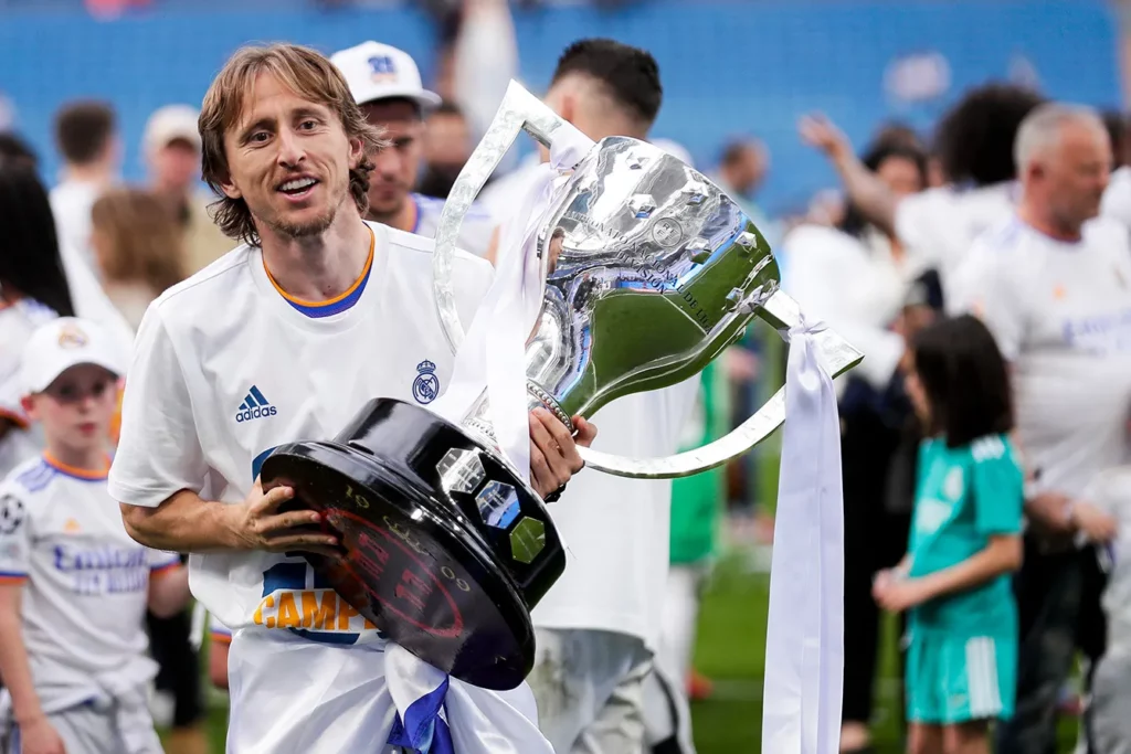 Luka Modric of Real Madrid with La Liga Trophy during the La Liga Santander match between Real Madrid v Espanyol at the Santiago Bernabeu on April 30, 2022 in Madrid Spain