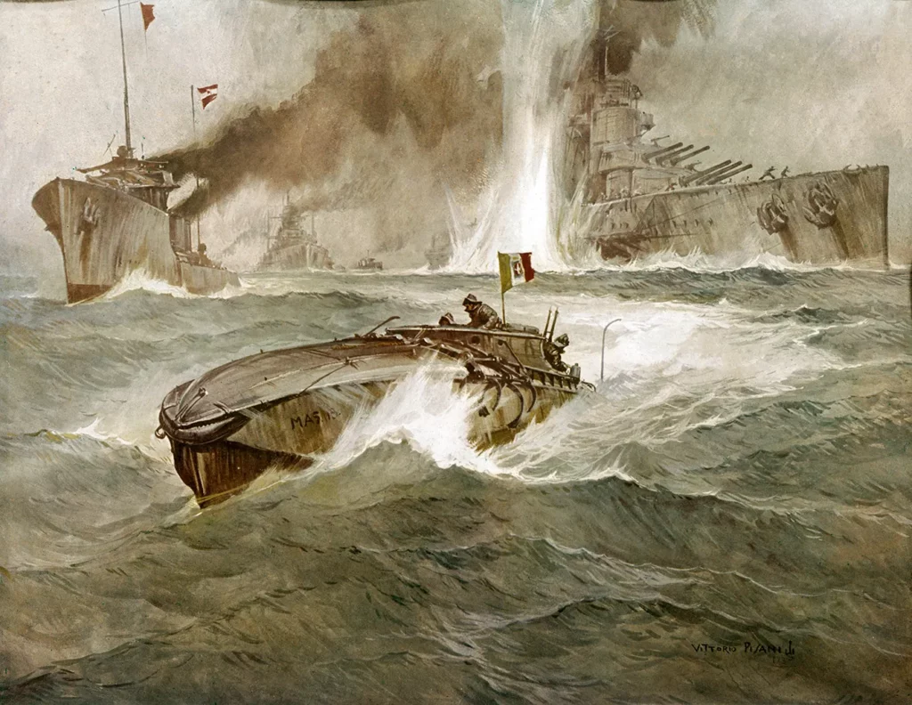 Action conducted by the Italian MAS on June 10, 1918 off Premuda and ended with the sinking of Austrian battleship Szent Istvan, Croatia, World War I, illustration by Vittorio Pisani, 20th century.
