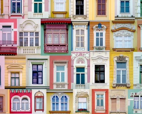 Window collage in Timisoara, Romania