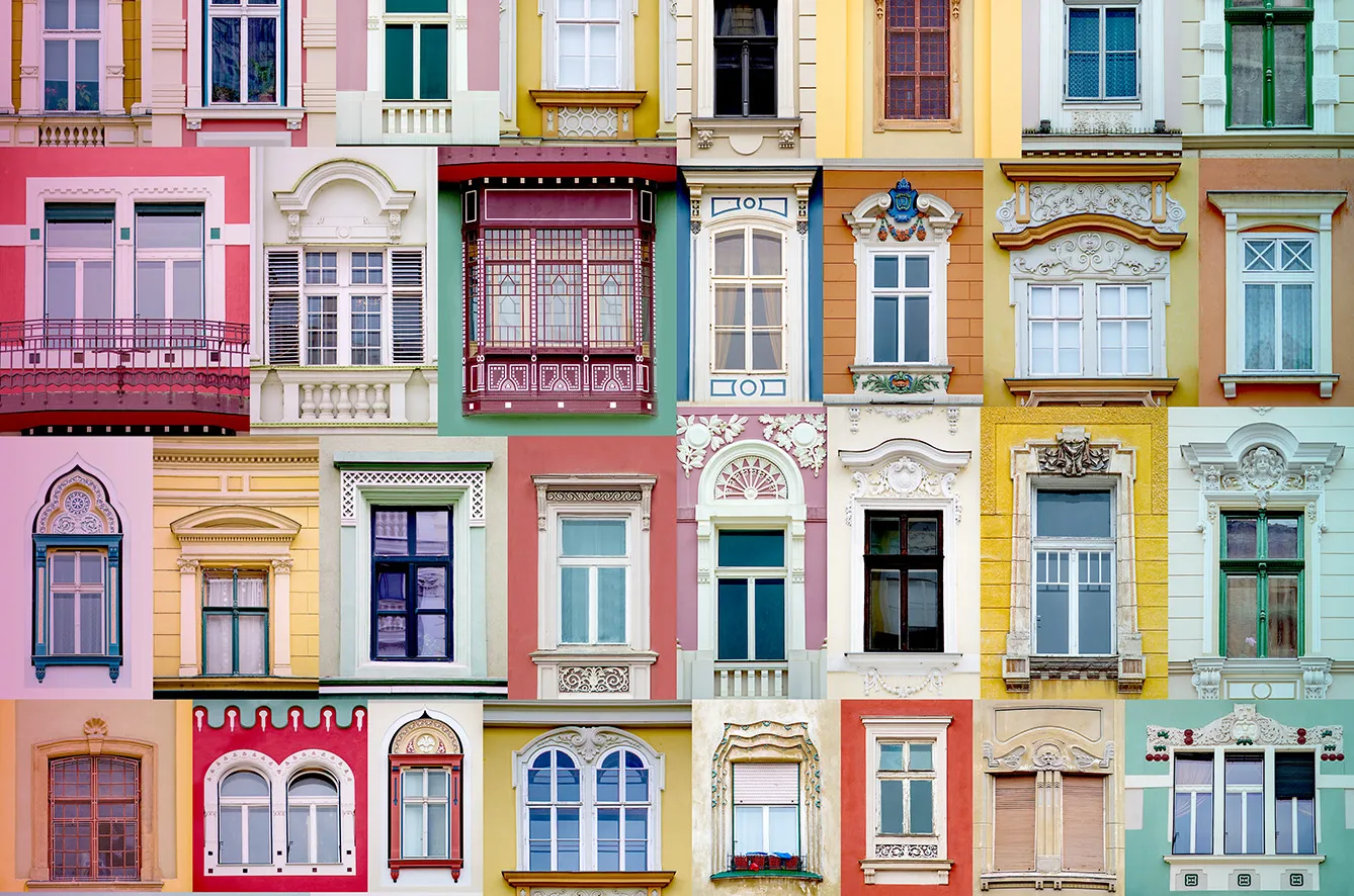 Window collage in Timisoara, Romania