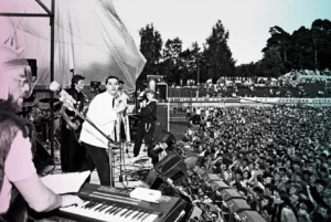 Antis rock band on stage during the first edition of the Rock March. Vilnius, Lithuania, 1987.