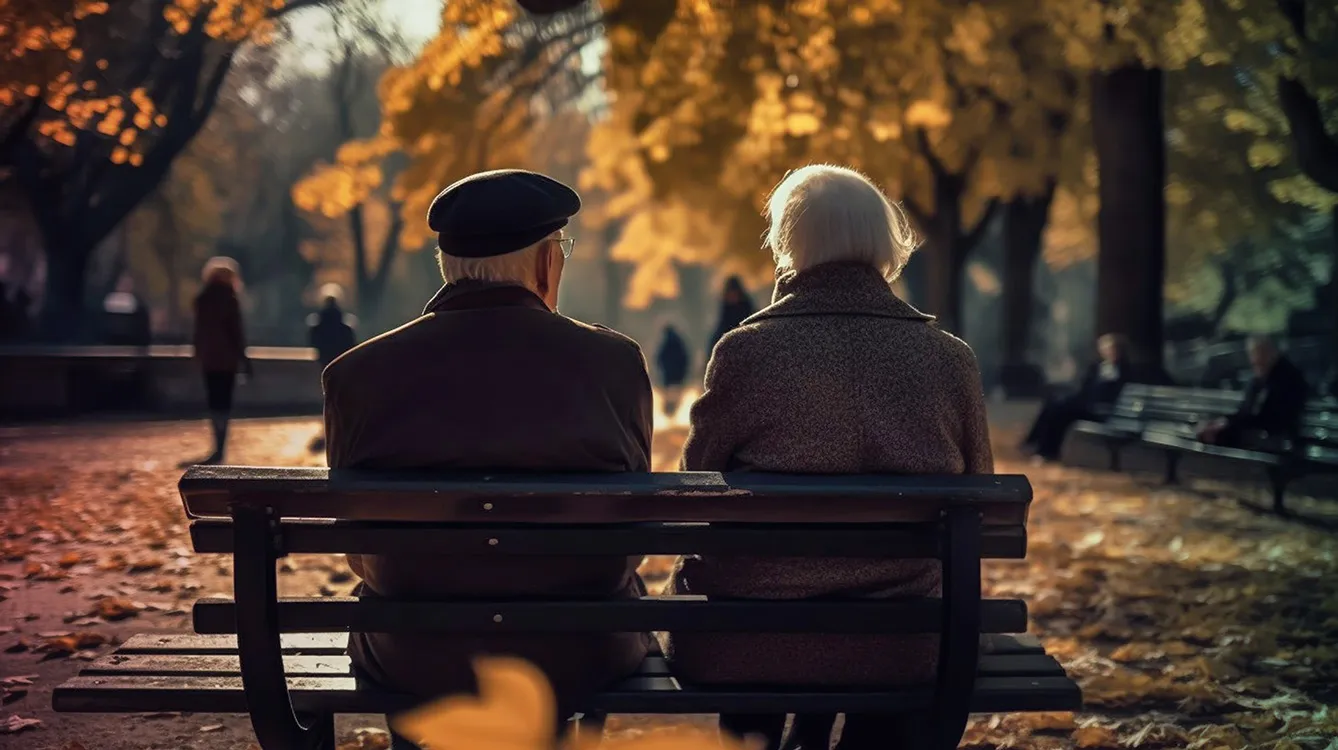 Old couple are sitting on a bench in the park, illustration photo