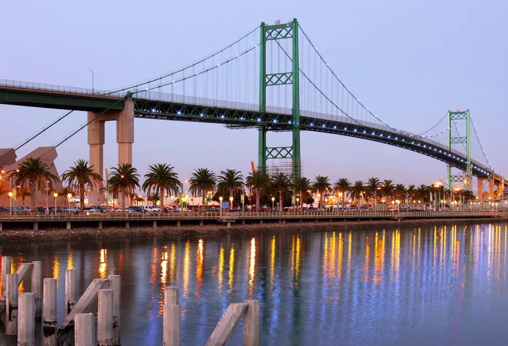 San Pedro, California, USA - March 24, 2008: view after sunset of the Vincent Thomas Bridge in the Los Angeles Harbor.