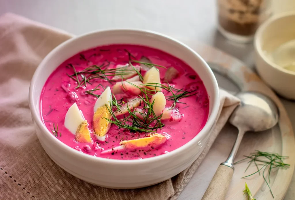 Chilled beatroot soup with egg, dill and potato