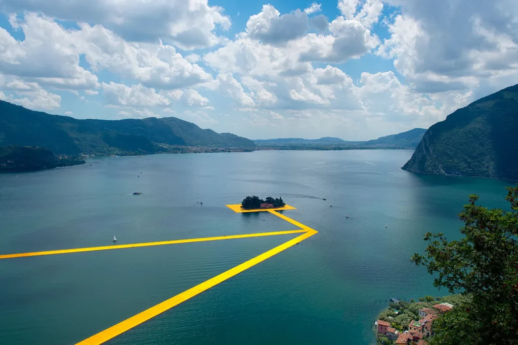 Peschiera Maraglio, Italy - June 17, 2016: The floating piers. The artist Christo walkway on Lake Iseo. The day before the opening.