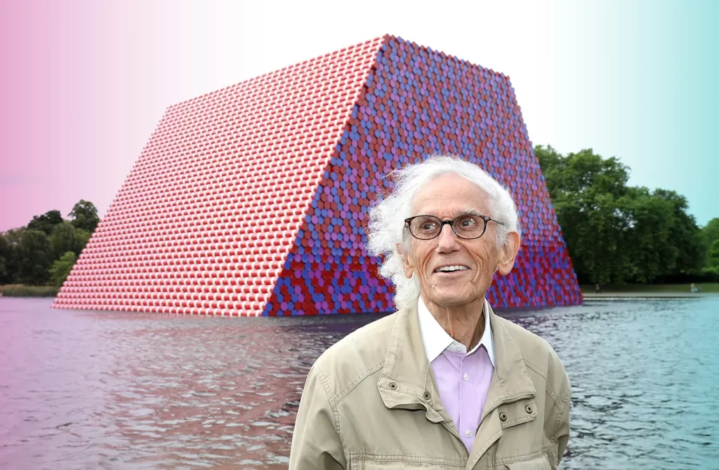 Artist Christo unveils his first UK outdoor work, a 20m high installation on Serpentine Lake, with accompanying exhibition at at The Serpentine Gallery on June 18, 2018 in London, England