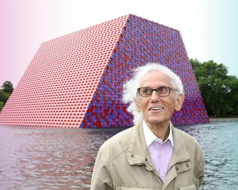 Artist Christo unveils his first UK outdoor work, a 20m high installation on Serpentine Lake, with accompanying exhibition at at The Serpentine Gallery on June 18, 2018 in London, England