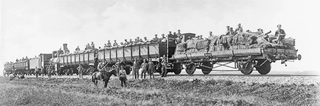 A Czech armoured train at Marianovka, east of Omsk in Siberia, during the Russian Civil War, May 1918.