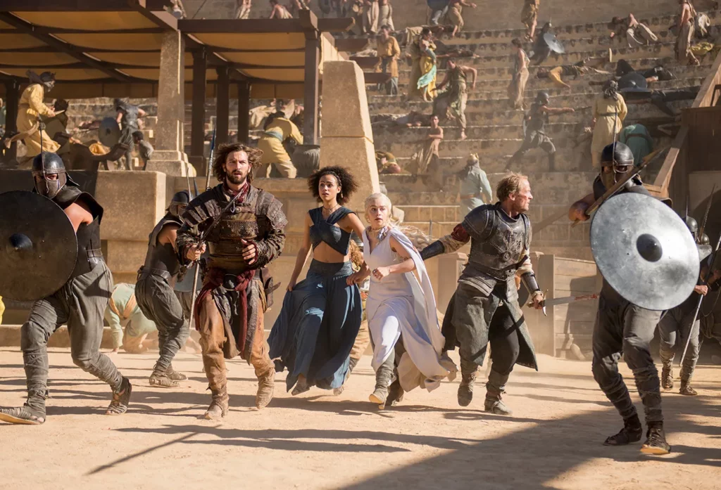 Game of Thrones, Michiel Huisman as Daario Naharis, Nathalie Emmanuel as Missandei, Emilia Clarke as Daenerys Targaryen, Iain Glen as Jorah Mormont.