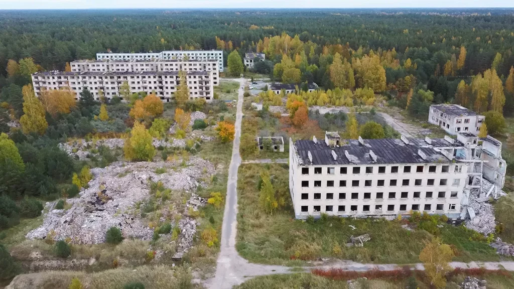 Aerial View of Abandoned Military Ghost Town Irbene in Latvia. Former Super Secret Abandoned Soviet Military Town Irbene in Latvia. Soviet Army Spying Object.