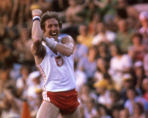 Poland's Wladyslaw Kozakiewicz happily claims the victory of gold after clearing the best height and setting a new world record in the Olympic pole vault event on Wednesday, July 30, 1980 in Moscow, Soviet Union. The new world record was 5.78 meters ( 18 feet 11 1/2 inches).