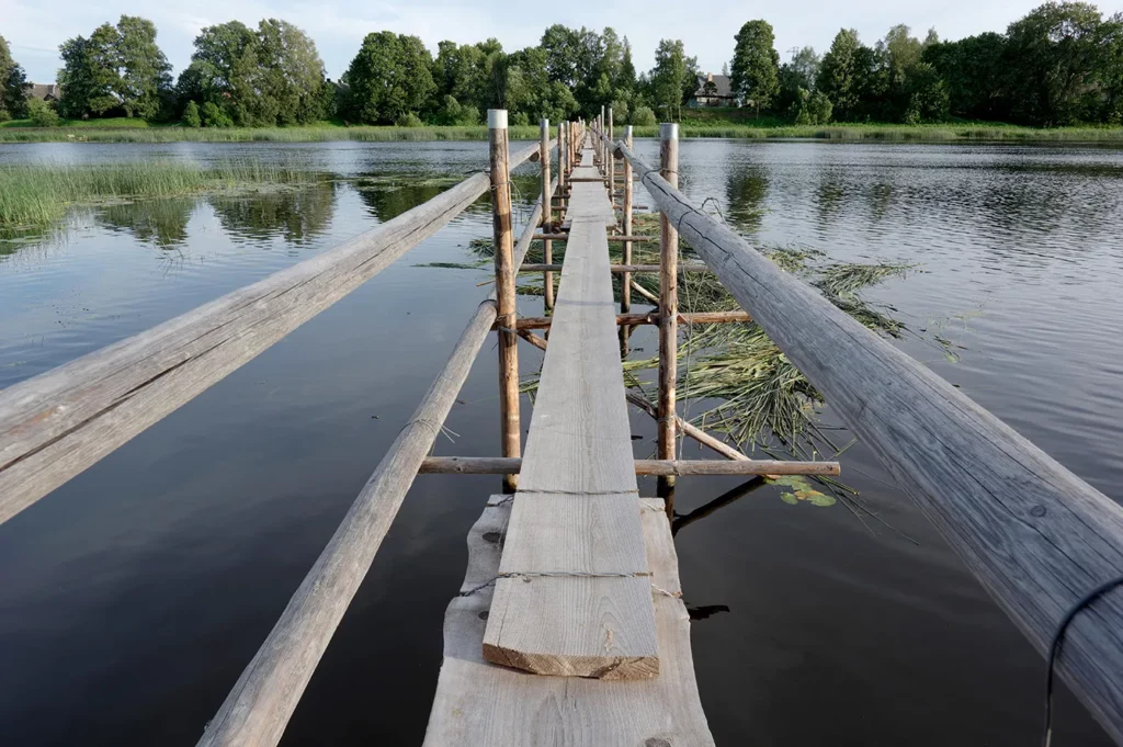 Lamprey weirs. Special design footbridge for unique fishing technique. Salacgriva. Latvia