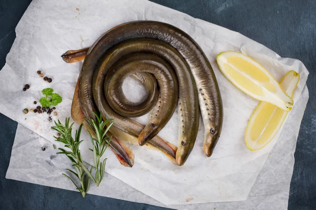 Fresh fish lamprey with rosemary and lemon, selective focus