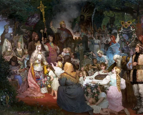 The Baptism of Lithuania, painting by Władysław Ciesielski, 1900. The multi-character historical scene, composed like a "living painting" or theatrical performance, depicts a historical event - the acceptance of baptism by the Grand Duchy of Lithuania in 1387. The baptism takes place in a sacred grove, under crowns of green trees and its main figures are the royal couple Jadwiga Andegawenska and Ladislaus II Jagiello, surrounded by the court. In the depth on the left, Bishop of Vilnius Andrzej Jastrzębiec blesses the people with his right hand.