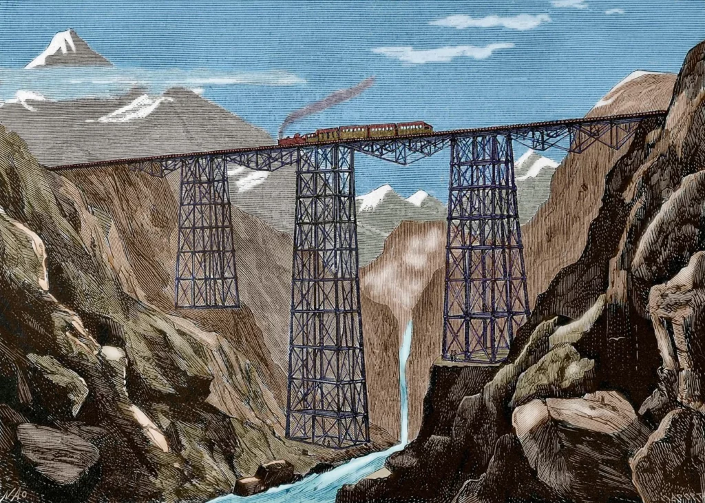 South America, Peru. Trans-Andean railway running inland from Callao and Lima crossing the Andes watershed at Galera en route to La Oraya. Great railway bridge. Drawing by Manuel Nao. Engraving by Laporta. La Ilustracion Española y Americana, July 15, 1876. Later colouration.