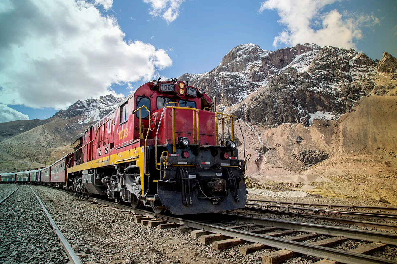 The Central Andean Railroad. LIMA, PERU - JUNE 29: View of the train at the top of the way during a trip in the world famous Railroad 'Ferrocarril Central Andino' on June 29, 2018 in Lima, Peru. The Ferrocarril Central Andino crosses the highest railway point in America and second in the world, crossing a height of 4782 msn in the Peruvian Andes.