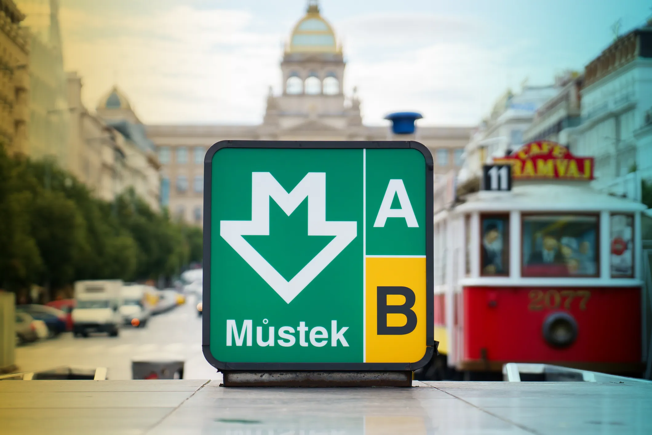 Prague, Czech Republic, 3 august 2023. Metro statioin pictogram. Mustek M1.