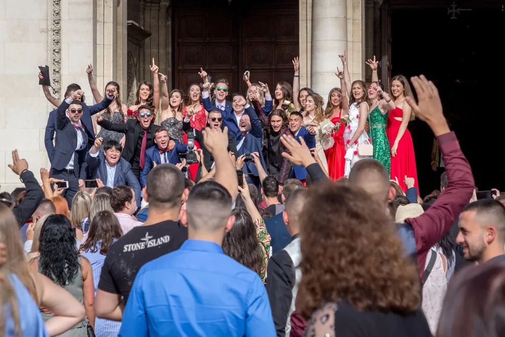 SOFIA, BULGARIA - MAY 24, 2021: High school graduates celebrate their graduation in Sofia downtown.