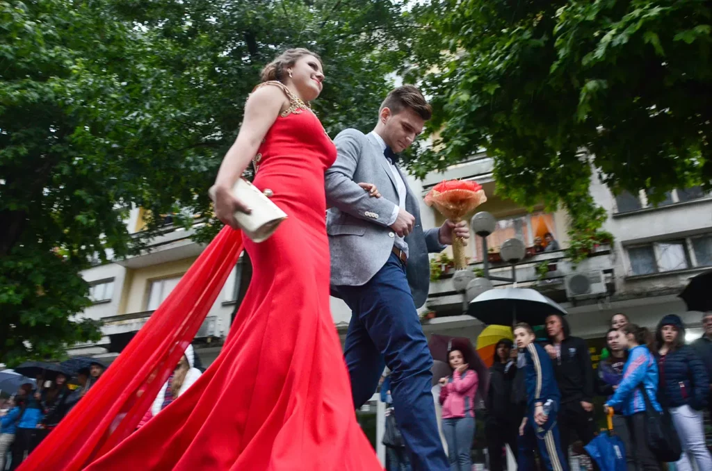 Promotion balls season kick starts in Bulgaria. The expensive dresses and stylish hairstyles play an important role in promotion balls of the Bulgarian high school graduates promotion on parade in the town of Svilengrad, Bulgaria on May 26, 2015