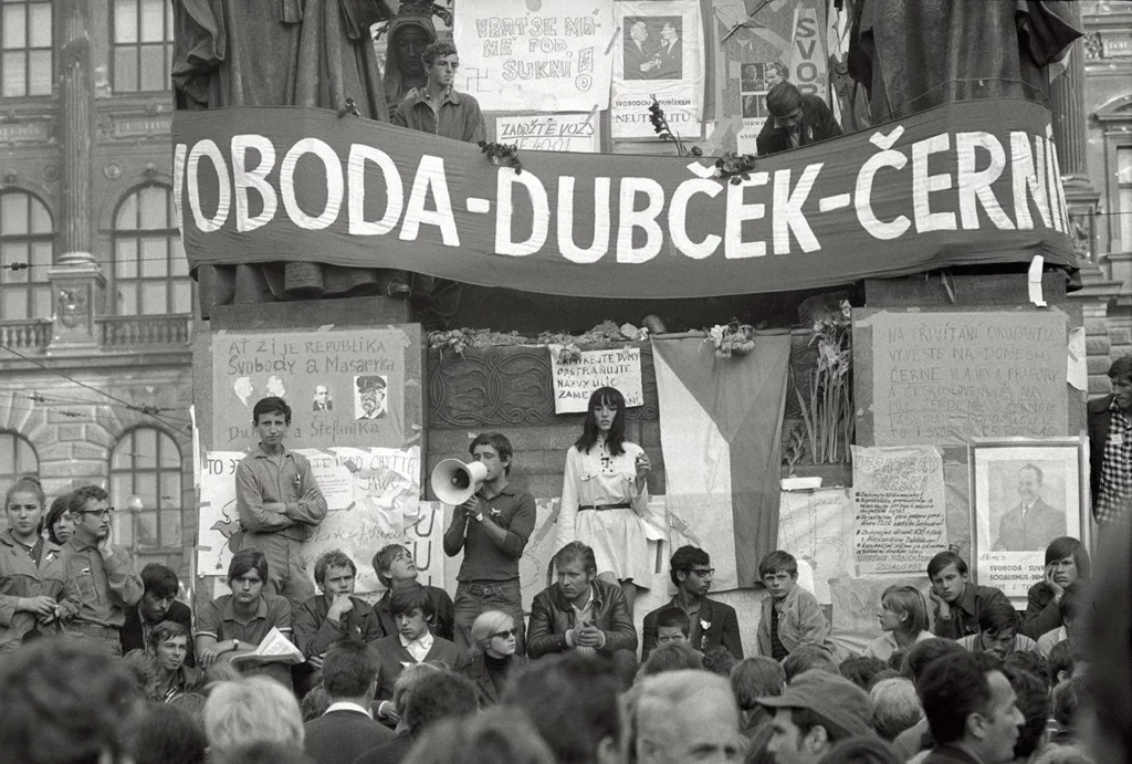 Students are taking part into a demonstration in favour of Dubcek. Prague, 1968.