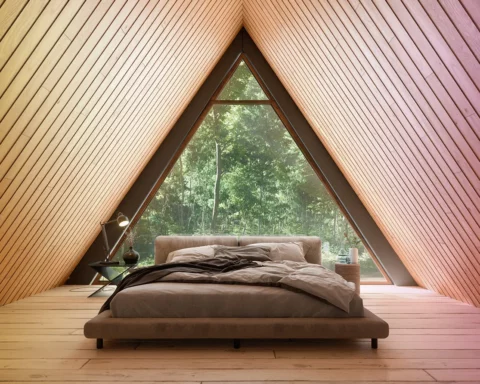 Wooden Tiny House Interior With Bed Furniture And Triangular Window. stock photo