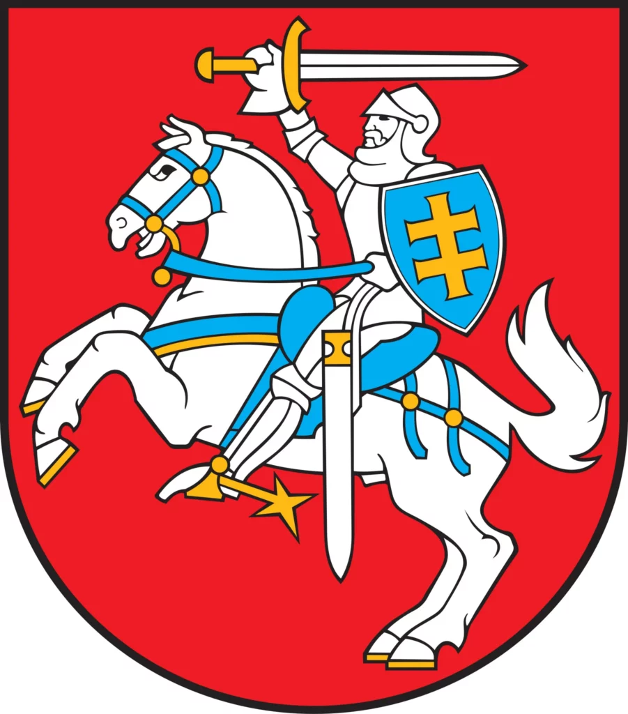 The coat of arms of Lithuania, with the patriarchal cross on the knight's shield