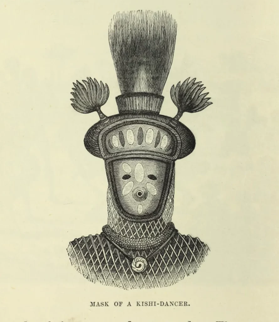 "Mask of a kishi-dancer" from Seven Years in South Africa (1881) by Emil Holub, translated by Ellen Elizabeth Frewer, illustrated by Karel Liebscher, Adolf Liebscher and Johann Varrone.