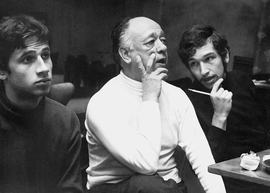 Eugene Ionesco (centre), the playwright. He pioneered a new style of drama with his surrealist plays, including The Bald Prima Donna (1950), The Lesson (1951) and The Chairs (1952).
