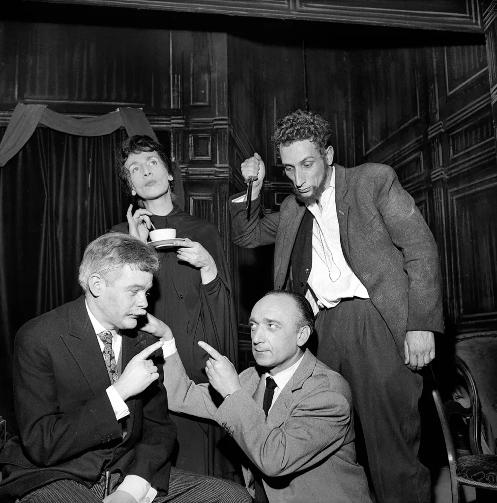 FRANCE - 1959: Rene-Jean Chauffard, Tsilla Chelton, Jacques Mauclair and Pierre Debauche in " Victims of the duty " of Eugene Ionesco ( 1912-1994 ). Paris, Studio of Champs-Elysees, in March, 1959.