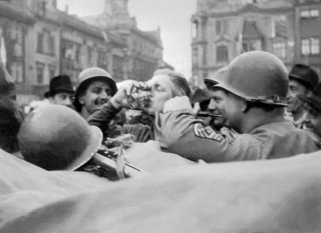 U.S. Soldiers Celebrate In Liberated Plzen, Czechoslovakia, In May 1945.