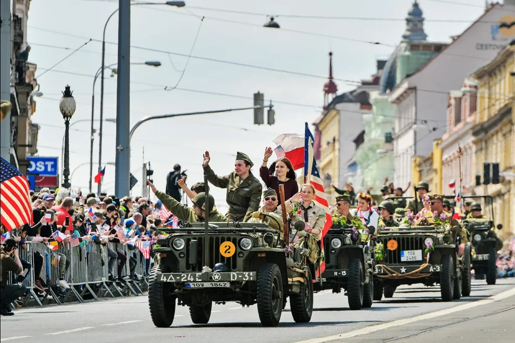 The four-day Freedom Festival, the largest celebration of the end of World War II in the Czech Republic. Tens of thousands of people from the Czech Republic and abroad come to Pilsen every year for the May celebrations to see The Convoy of Liberty - Military-historical vehicles and equipment manufactured until 1945 in the USA, Canada and Great Britain, (vehicles of the Western Allies), Czech Republic, May 7, 2023.