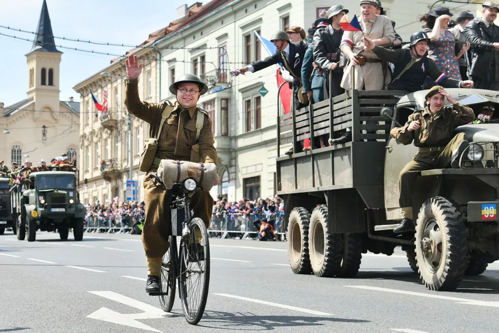 The four-day Freedom Festival, the largest celebration of the end of World War II in the Czech Republic. Tens of thousands of people from the Czech Republic and abroad come to Pilsen every year for the May celebrations to see The Convoy of Liberty - Military-historical vehicles and equipment manufactured until 1945 in the USA, Canada and Great Britain, (vehicles of the Western Allies), Czech Republic, May 7, 2023.