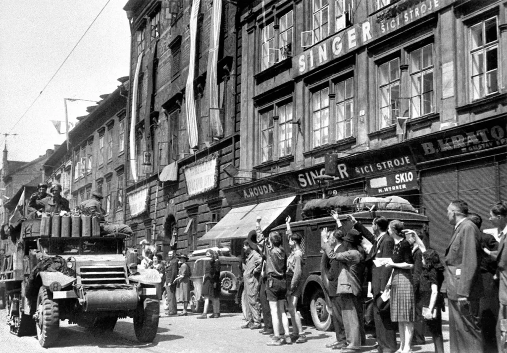Pilsen citizens welcome US liberation army in Pilsen, Protectorate of Bohemia and Moravia on May 6, 1945. US army liberated Pilsen but was forbidenn to advance in Prague direction because of influence zones border agreed between Western Allies and Soviet Union at Yalta conference.