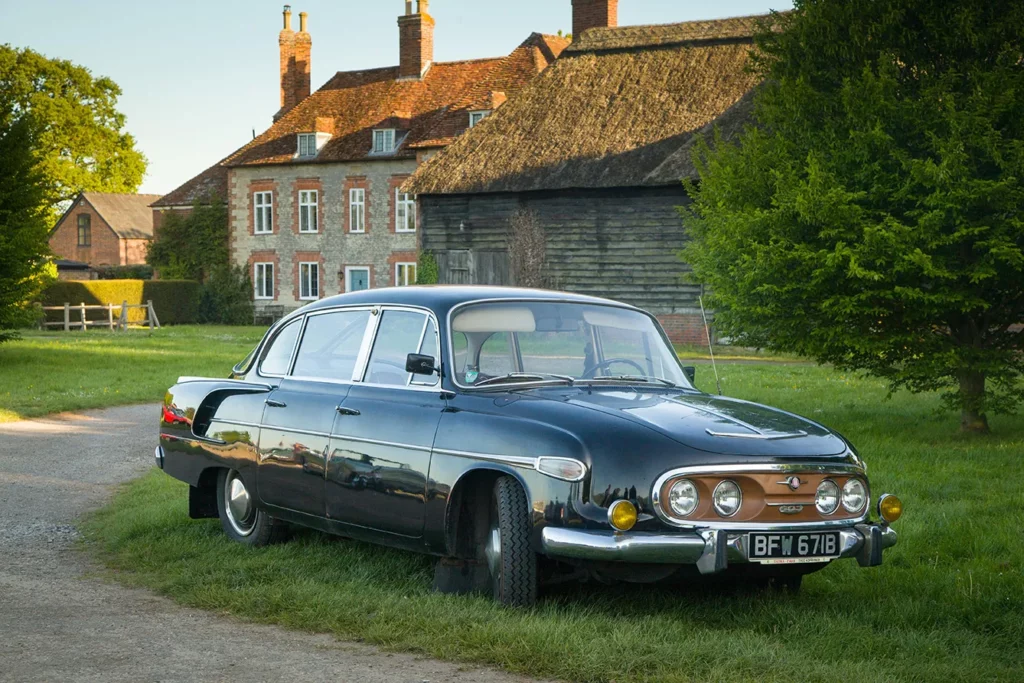 A classic Czechoslovakian Tatra 603 Soviet Bloc saloon car from the communist era on the green at Warborough, Oxfordshire