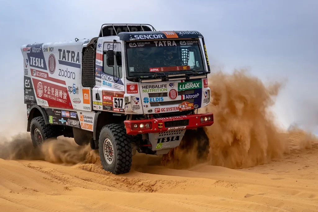 Horimlaa, Saudi Arabia - January 7, 2021: The Tatra racing truck of Team Tatra Buggyra Racing running over dunes during Stage 5 of the 2021 Dakar Rally.