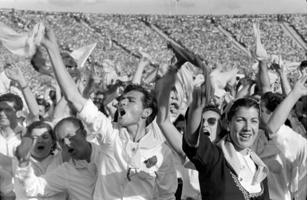 Poland, Warsaw, 08.1955. 5th World Festival of Youth and Students. On photo: participants of the festival during the celebration at the X-lecia Stadium.