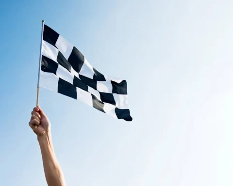 Man hand holding checkered flag in the wind.